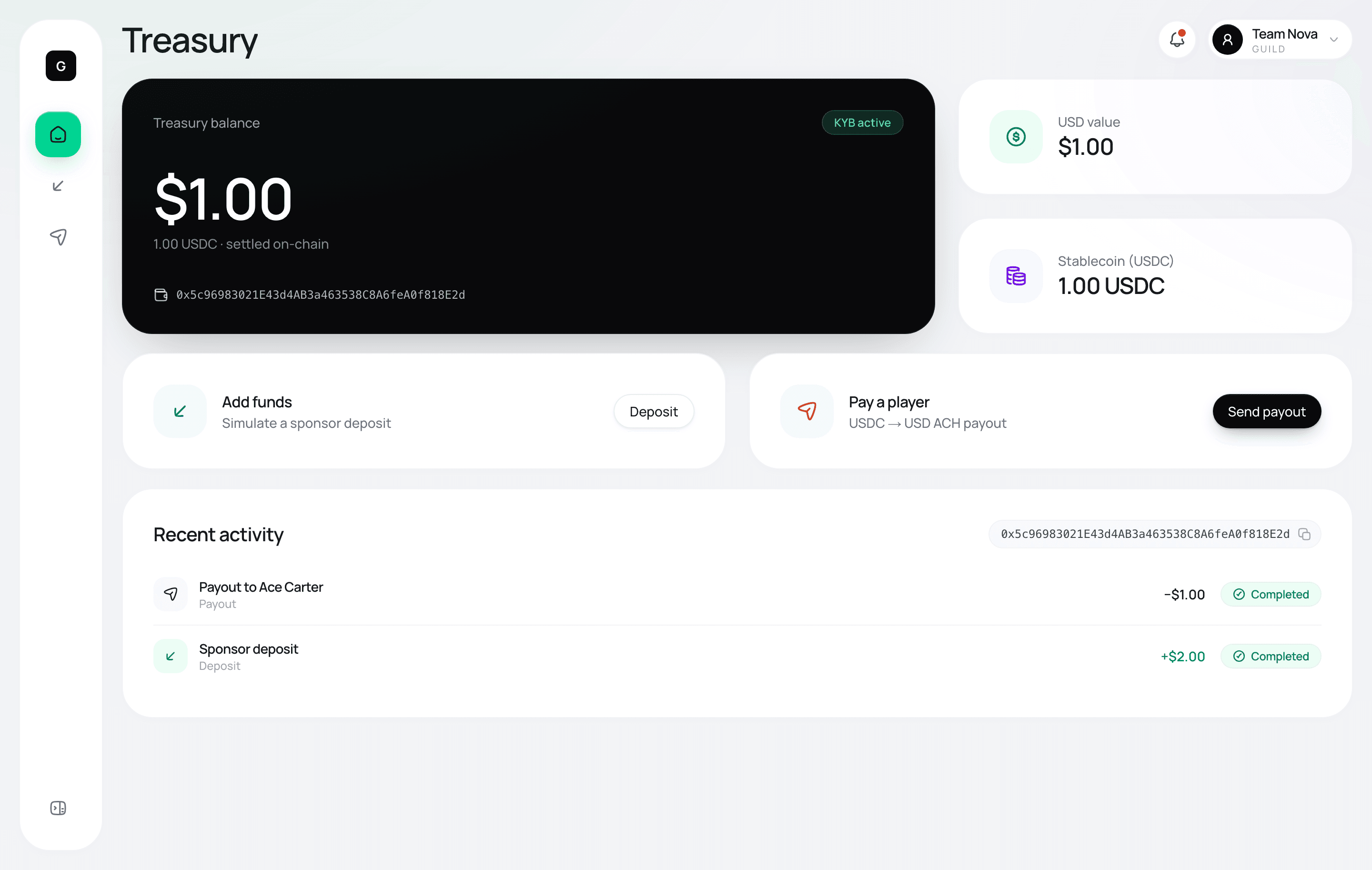 Guildpay treasury dashboard — USD + USDC balance and a completed player payout
